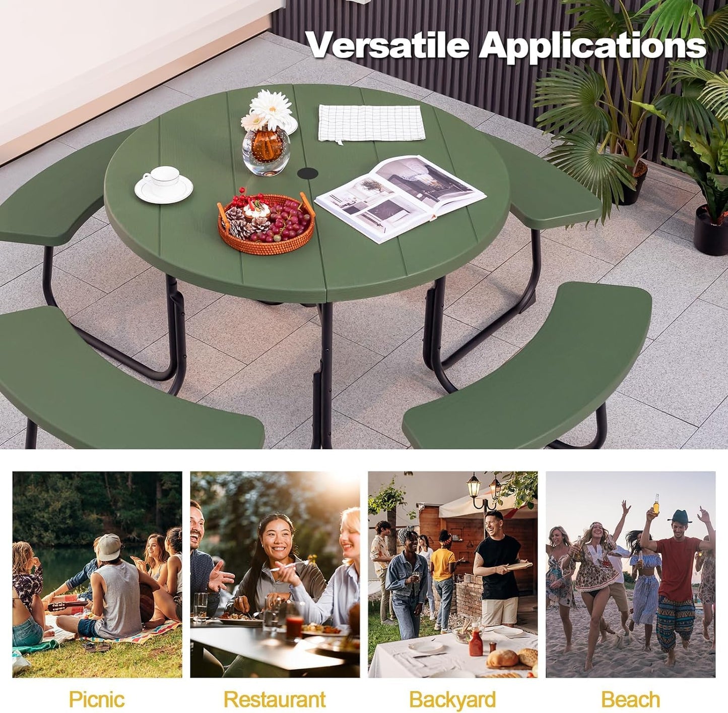 Julimoon Round Picnic Table for Outdoors, 8 Person Outdoor Picnic Tables & Benches Set with Umbrella Hole, HDPE Tabletop & Metal Frame, 2000 LBS Capacity Table Bench Set for BBQ, Garden, Lawn, Patio