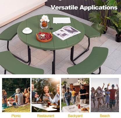 Julimoon Round Picnic Table for Outdoors, 8 Person Outdoor Picnic Tables & Benches Set with Umbrella Hole, HDPE Tabletop & Metal Frame, 2000 LBS Capacity Table Bench Set for BBQ, Garden, Lawn, Patio