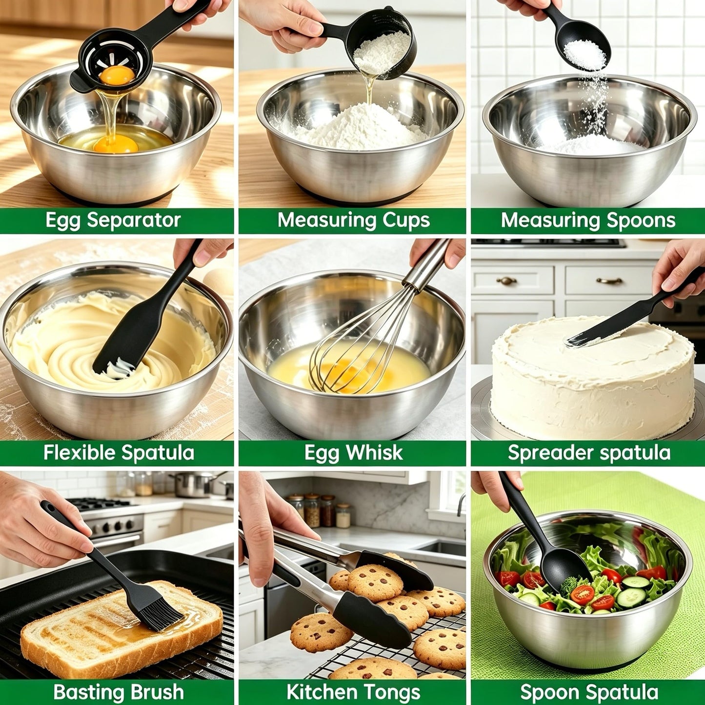 Deedro Premium Mixing Bowls with Airtight Lids Set, 22Pcs Thicker Stainless Steel Mixing Bowl Set, Large Prep Metal Bowls, Non-Slip Silicone Base Nesting Bowls for Kitchen, 1.5/2/3/4/5 QT, Black