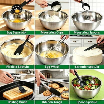 Deedro Premium Mixing Bowls with Airtight Lids Set, 22Pcs Thicker Stainless Steel Mixing Bowl Set, Large Prep Metal Bowls, Non-Slip Silicone Base Nesting Bowls for Kitchen, 1.5/2/3/4/5 QT, Black
