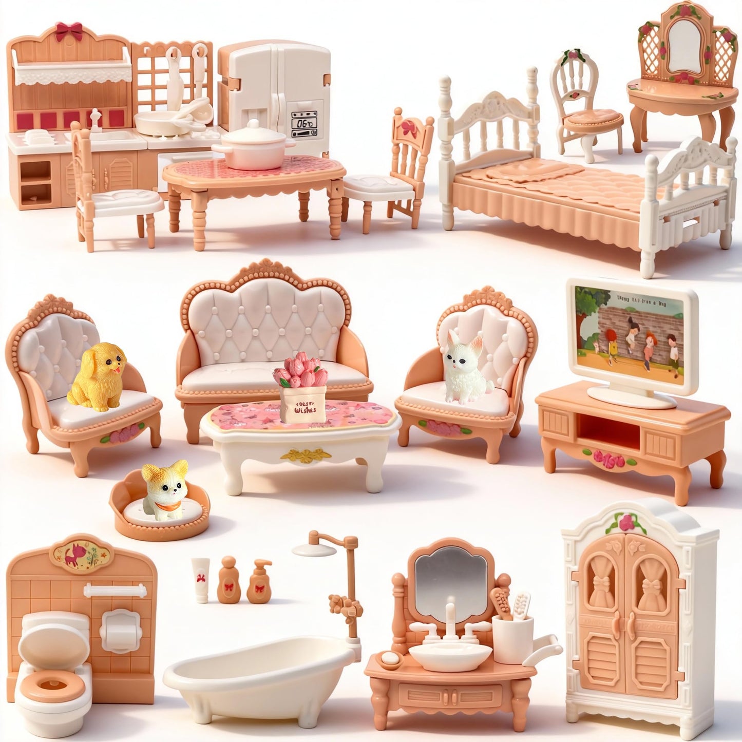 Dollhouse Furniture Set, 38 Pcs Miniature Doll House Accessories with Dogs and Cat ，Kitchen Bedroom Living Room Bathroom Furniture, Toy for Kids Ages 3+ Boys Girls, Great Gift Idea