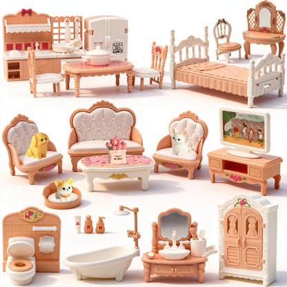Dollhouse Furniture Set, 38 Pcs Miniature Doll House Accessories with Dogs and Cat ，Kitchen Bedroom Living Room Bathroom Furniture, Toy for Kids Ages 3+ Boys Girls, Great Gift Idea