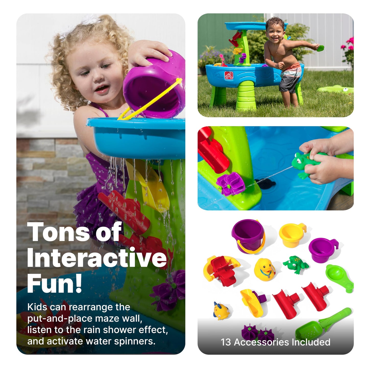 Step2 Rain Showers Splash Pond Toddler Water Table, Kids Water and Sand Activity Sensory Playset, Summer Outdoor Toys, 13 Piece Toy Accessories, For Toddles 1.5+ Years Old