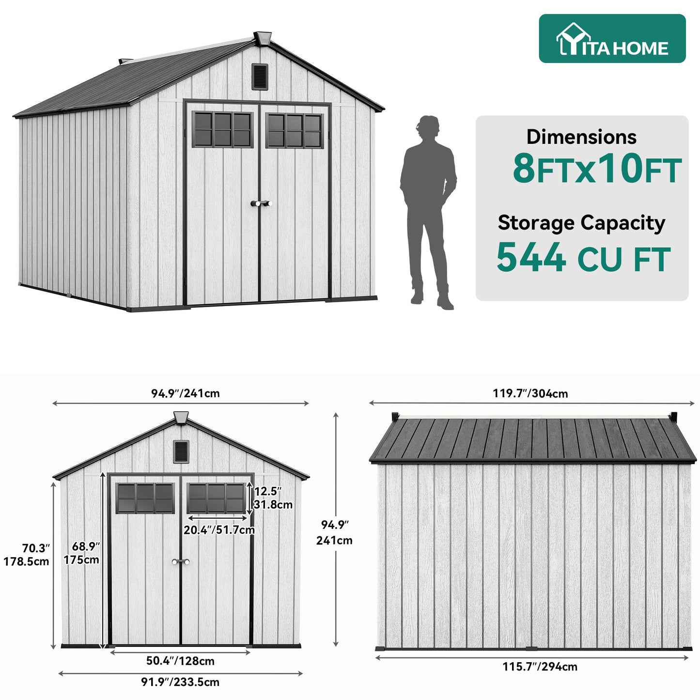 YITAHOME 8x10ft Outdoor Plastic Storage Shed with Floor, Extra Thick Waterproof Garden Shed with Lockable Door, Oval Vision Windows &Vents, 16mm Heavy Duty Tool Storage for Patio, Lawn, Gray