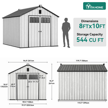 YITAHOME 8x10ft Outdoor Plastic Storage Shed with Floor, Extra Thick Waterproof Garden Shed with Lockable Door, Oval Vision Windows &Vents, 16mm Heavy Duty Tool Storage for Patio, Lawn, Gray