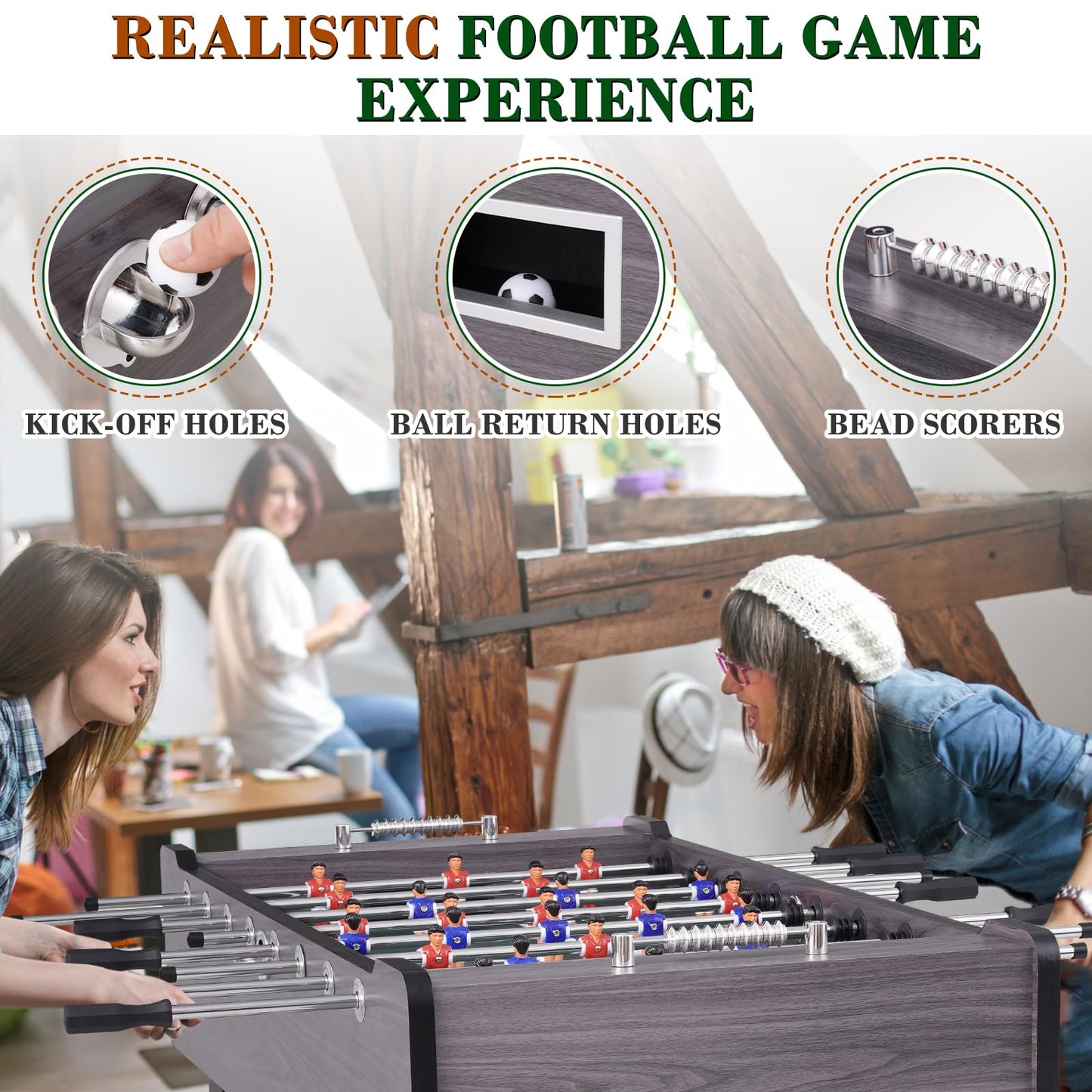 58 Inch Large Size Foosball Table Adult Size, Full Size Soccer Game Table w/2 Balls, Leg Levelers & Heavy-Duty Legs, Durable Arcade Football Table for Game Room, Home, Office, Party