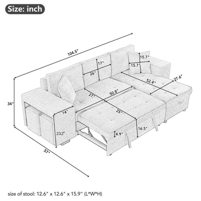 Merax 3 Seat Reversible Sectional Couch, Modern L-Shape Pull Out Sleeper Sofa with Storage Chaise and 2 Stools for Living Room Furniture Set, Cream