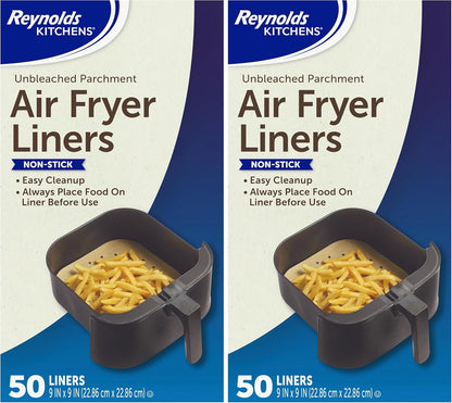 Reynolds Kitchens Air Fryer Liners - Disposable Unbleached Parchment Paper Sheets, 50 Count (Pack of 2)