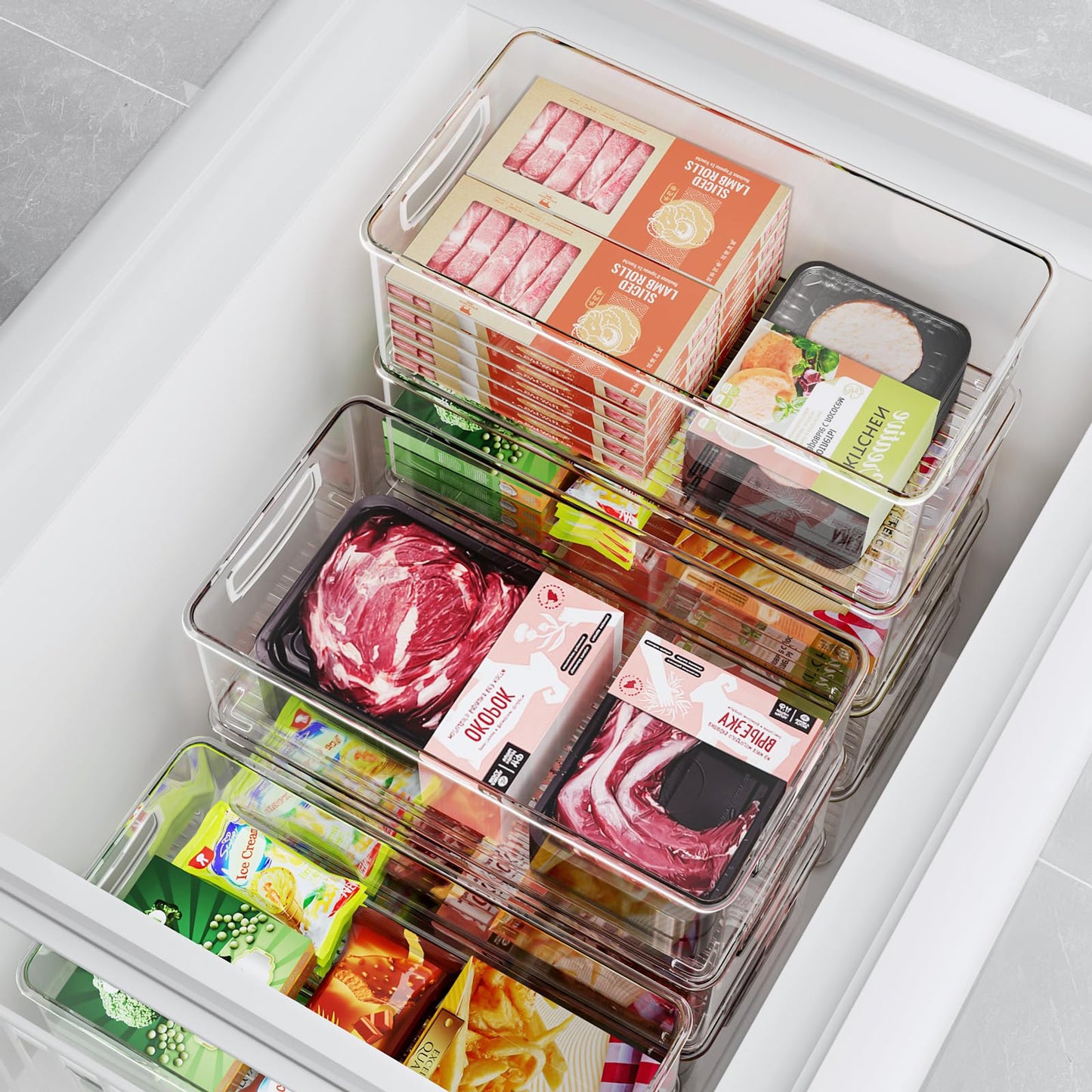 Heyuzb 8 PACK Freezer Organizer Bins Fridge Organizer Storage Stackable Deep Freezer Storage Bins with Side Handles Refrigerator Organizers and Storage Home Organization Must Haves