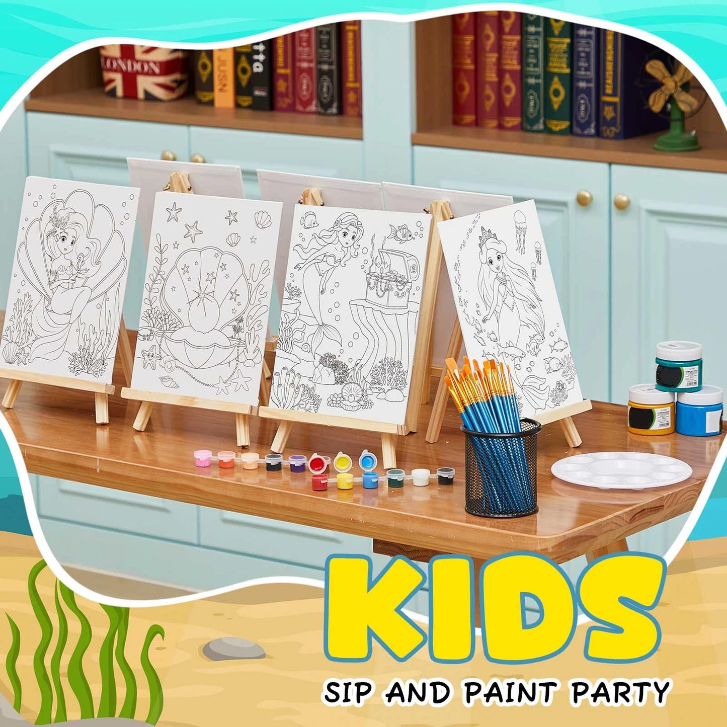 Ireer 12 Set Paint Party Set 8 x 10 Sip and Paint Kit Include 12 Printed Pre Drawn Canvas Panel, Wooden Easels, Palettes, Pots, Apron 36 Brushes for Adult Art DIY Party(Mermaid)