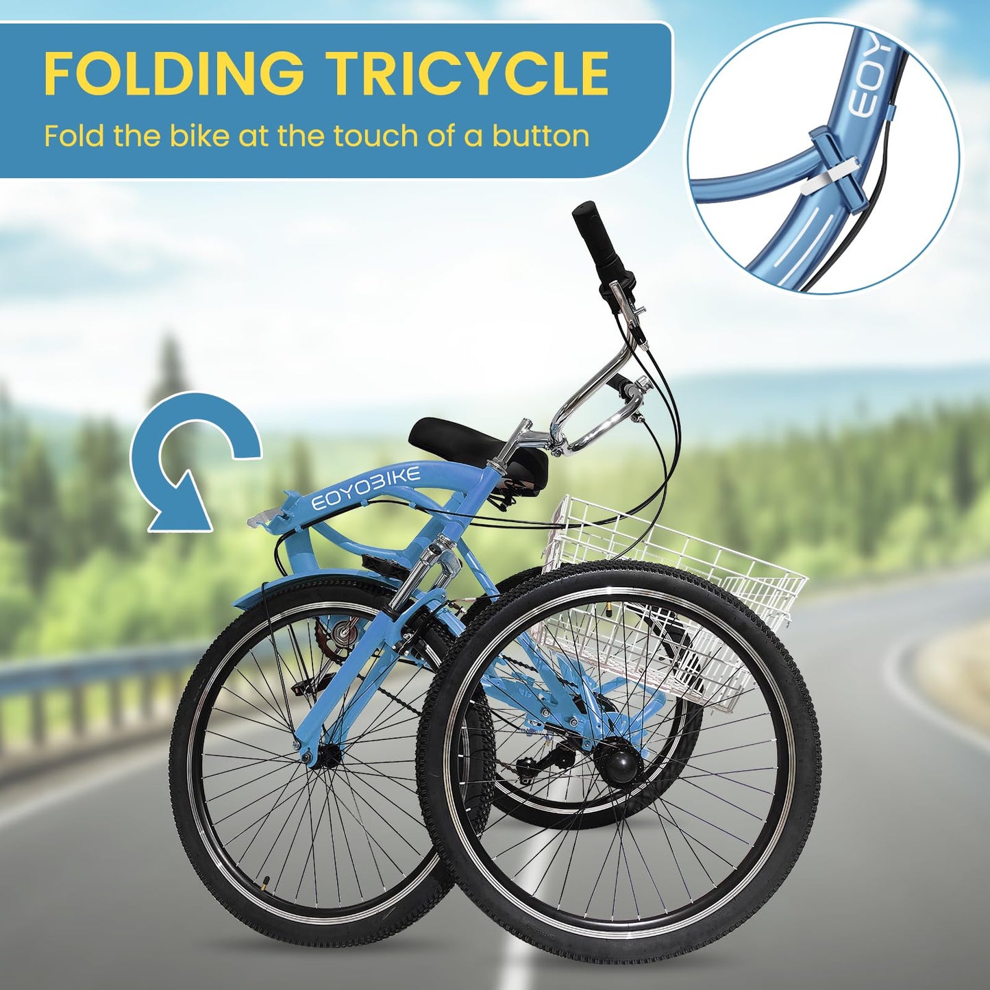 NAIZEA Folding Adult Tricycle - 7 Speed 20/24/26 Inch Folding Tricycle for Adult, 4 Wheel Bike, Foldable Trike with Large Basket/Low-Step Through for Men Women Senior