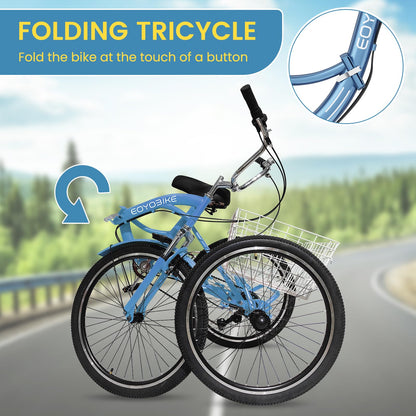 NAIZEA Folding Adult Tricycle - 7 Speed 20/24/26 Inch Folding Tricycle for Adult, 4 Wheel Bike, Foldable Trike with Large Basket/Low-Step Through for Men Women Senior