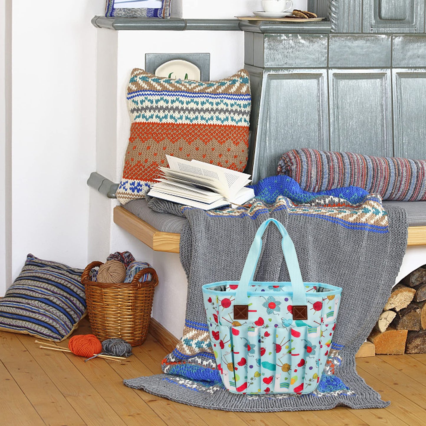 LOOEN Yarn Knitting Storage Tote-Large Capacity Crochet Organizer Portable Travel Bag with Shoulder Strap Crochet Hooks Case for Unfinished Bulk Project