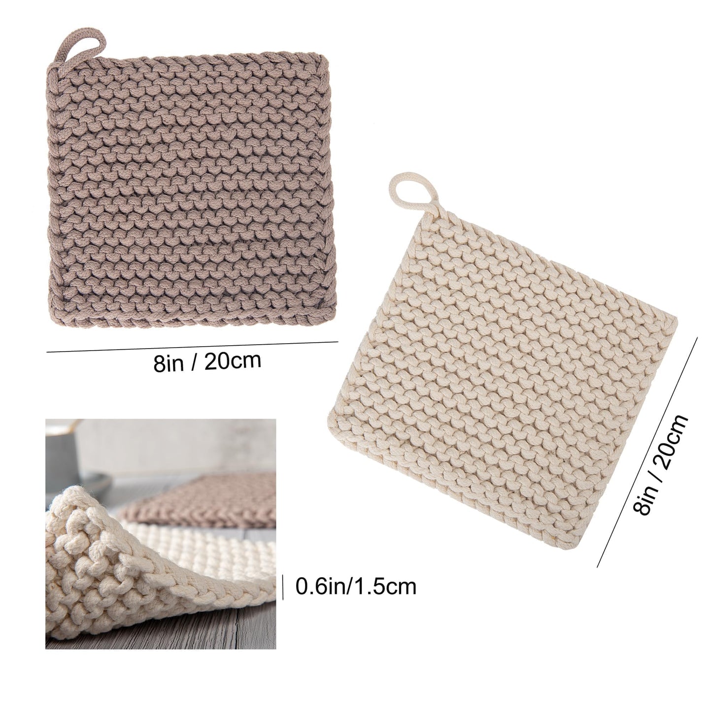 Eiyye Thick Crocheted Pot Holders, Handmade Hot Pads Crocheted Trivets for Kitchen hot Dishes(2-Pack), 8"x8" (White and Taupe)