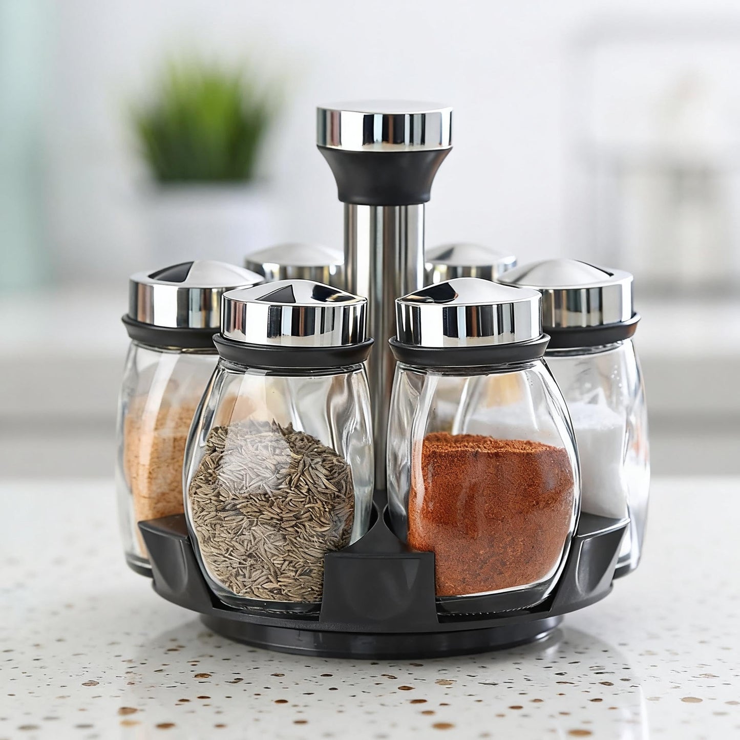 LCshuyao 360° Rotating Spice Rack, 6PC Spinning Glass Spice Jars Suitable for kitchen countertops, spice storage, cooking, outdoor BBQ,(Spices Not Included)