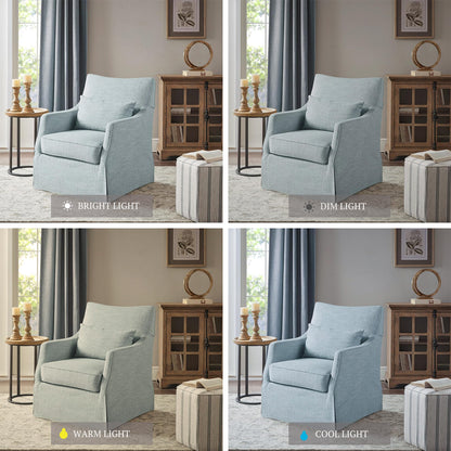 Martha Stewart London Swivel Chair - Solid Wood & Plywood, Skirted Metal Base Accent Armchair, Lumbar Pillow -Modern Classic Family Room Sofa Furniture Bedroom Lounge, 28"X31.5"X35.25", Light Blue