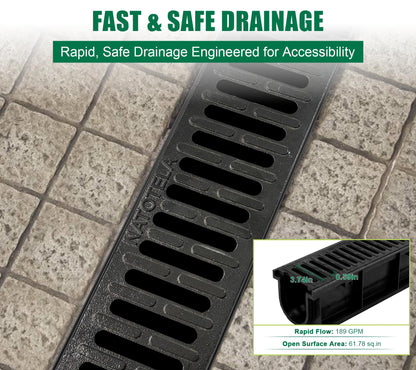 Natotela B Class Driveway Channel Drain with Ductile Iron Grate-39.4Lx6.1Wx5.5H in. Deep Profile Trench Drain System,3 Pack Total Length 118.2in,Heavy Duty Drainage System for Garage,Parking Lot