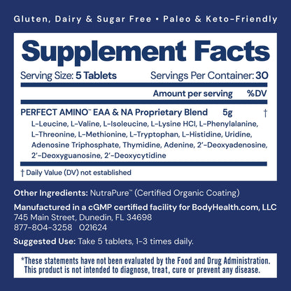 BodyHealth PerfectAmino (150 ct) Easy to Swallow Tablets, Essential Amino Acids Supplement with BCAAs, Vegan Protein for Pre/Post Workout & Muscle Recovery with Lysine, Tryptophan, Leucine, Methionine