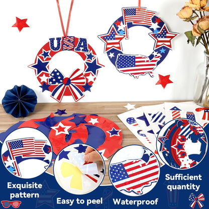 QOUBAI 36 Set Patriotic Wreath Craft Kit for DIY 4th of July Paper Crafts American Flag Stickers Hanging Ornament for Memorial Independence Day Art Activity Home Decor Supplies