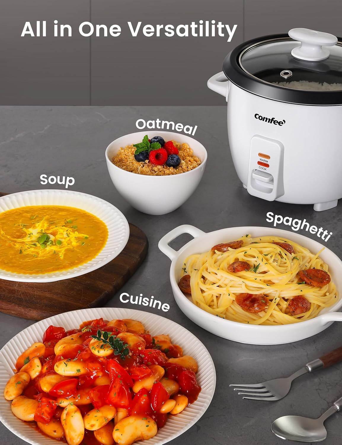 COMFEE' Rice Cooker, 6-Cup Cooked/3-Cup Uncooked, One Touch, Removable Non-Stick Bowl, White for Soups, Stews, Grains &
