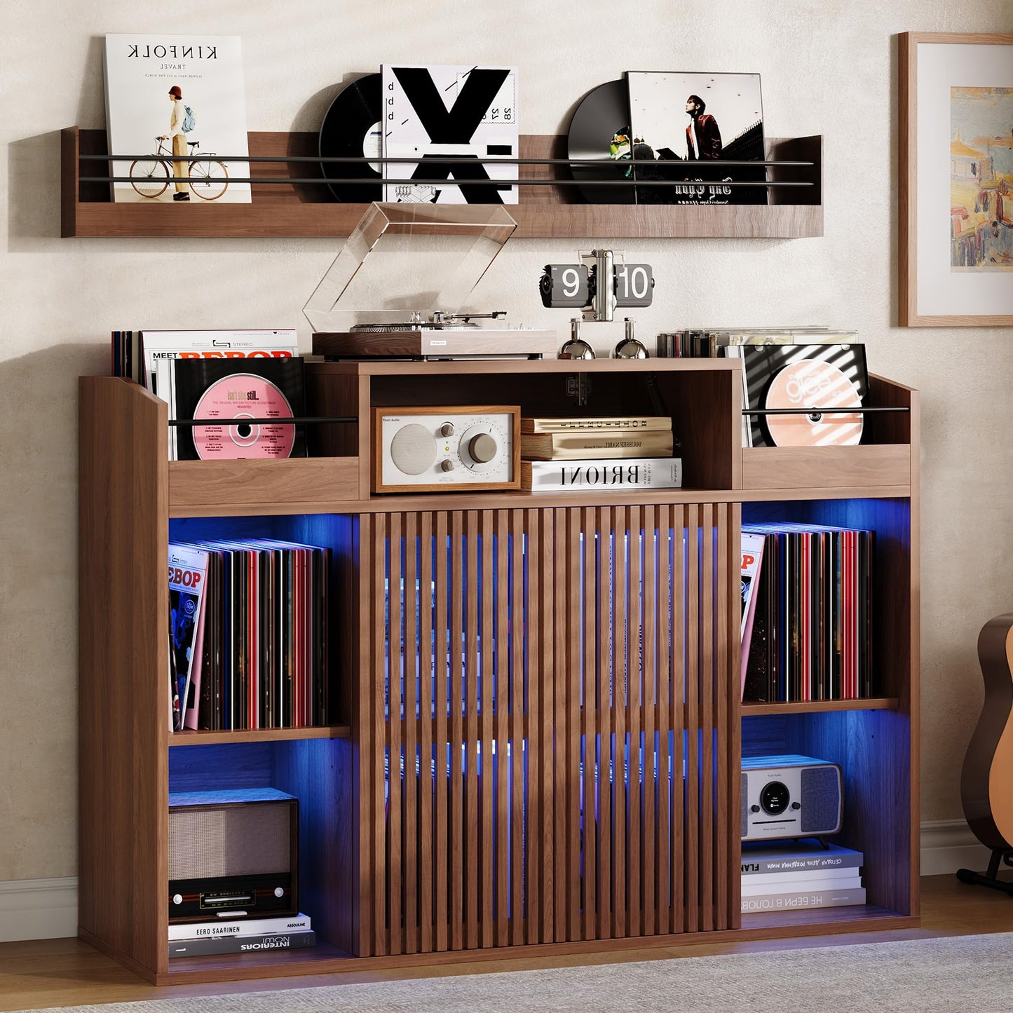 IRONCK Luxury Record Player Stand with Storage, Holds 1500+ Vinyl Records, Large Record Storage Cabinet with Sliding Doors & Charging Station & LED Light, Brown
