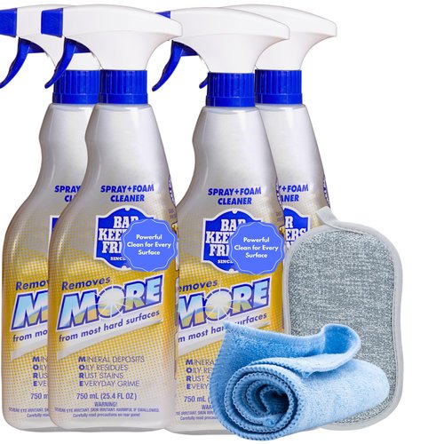 4-Pack Bar-Keeper’s-Friend More Spray and Foam Cleaner, 25.4oz Hard Water Stain Remover + Microfiber towel & Scrub Sponge