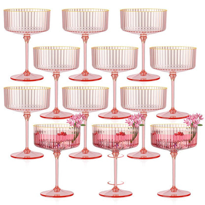 HKSZEH 12 PCS Ribbed Coupe Glasses Pink Plastic Champagne Coupe Cup 10oz Detachable Gold Rim Espresso Martini Glass Vintage Margarita Glassware Cocktail Glass for Wedding Bachelorette Party
