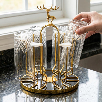 Pumtus Rotating Cup Drying Rack Stand, 6 Cups Drinking Glass Holder, Non-Slip Steel Mug Drainer Organizer, Glass Cup Stand with Silicone Protective Hooks, Tumbler Dryer Tree for Kitchen, Countertop