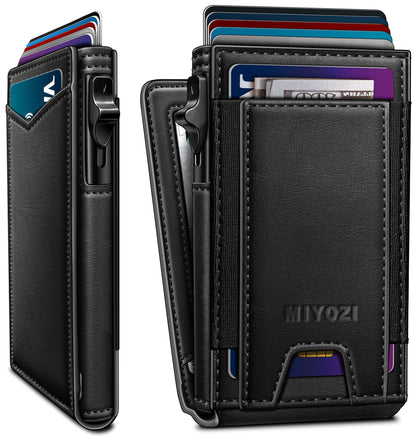 miyozi Wallet for Men, Slim Pop Up Card Holder - RFID Blocking Minimalist Bifold Wallet with ID Window, Holds 9-11 Cards & Stretchable Strap, Metal Flip Case with Magnetic Closure, Gift Box