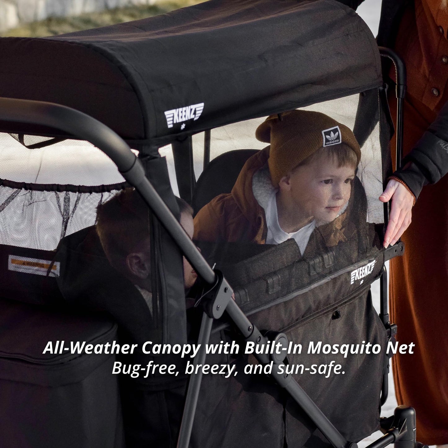 Keenz Viva 4-Passenger Compact Stroller Wagon for Kids with Foldable Frame, Push/Pull Handle, EVA Wheels, and Mosquito Net Canopy – Lightweight Wagon for Families, Black