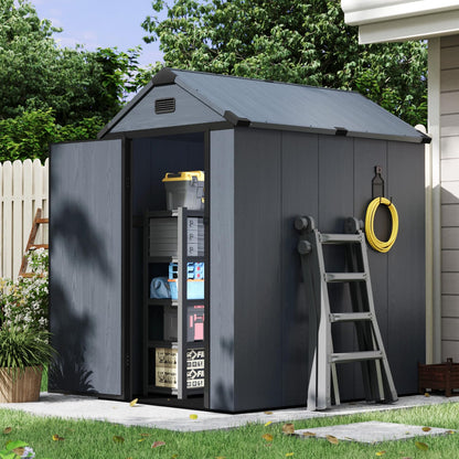 Aoxun 4x6 FT Resin Shed with Reinforced Floor, Outdoor Storage Shed, All-Weather Plastic Tool Storage with Lockable Door, Window & Vents for Garden, Patio, Bike & Garbage Can, Dark Gray