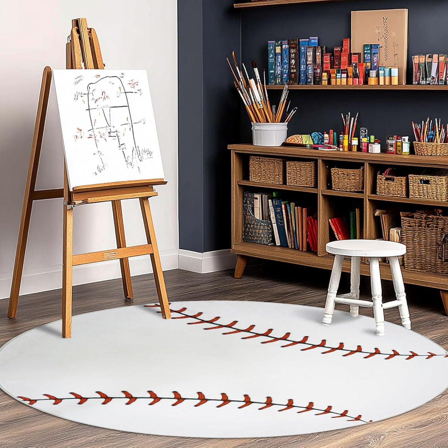 Washable,40 Inch Soft Round Rugs for Bedroom, Baseball Rug for Boys, Bedside Area Kids Carpet, Baseballs Lovers Home