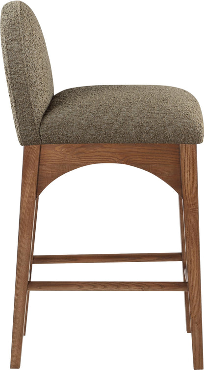 Meridian Furniture 399Olive-C Waldorf Collection Art Deco Stool with Rich Olive Green Boucle Fabric, Solid Ash Wood, Walnut Brown Finish, Counter Height Stool, 18" W x 20" D x 37" H, Olive