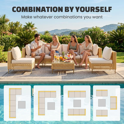 LHBcraft 7-Piece Wicker Outdoor Patio Furniture Set, Modular Rattan Outdoor Furniture, Patio Conversation Sets, Handmade Rattan, Water Resistant Fluffy Cushions and Coffee Table, Beige