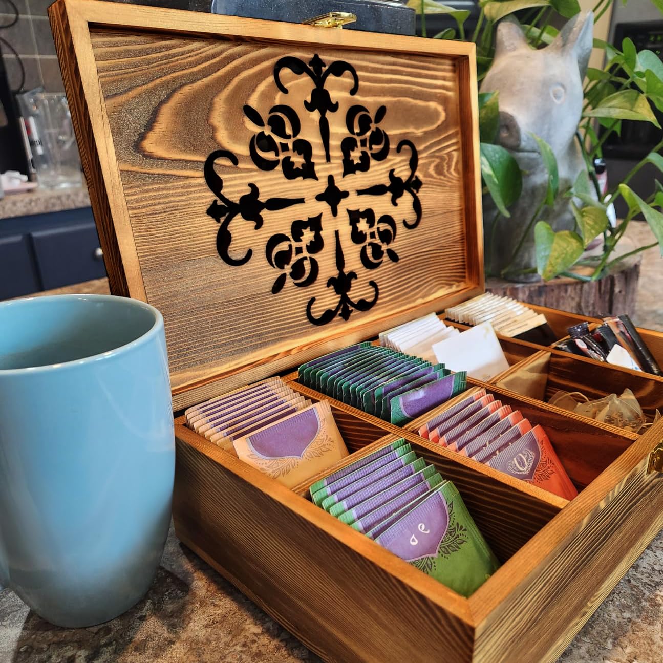 Coloch Wooden Tea Bag Storage Box with Carved Lid, 8-Compartment Tea Chest Organizer Spice Packets Container for Living Room, Kitchen, Office, Home Decor