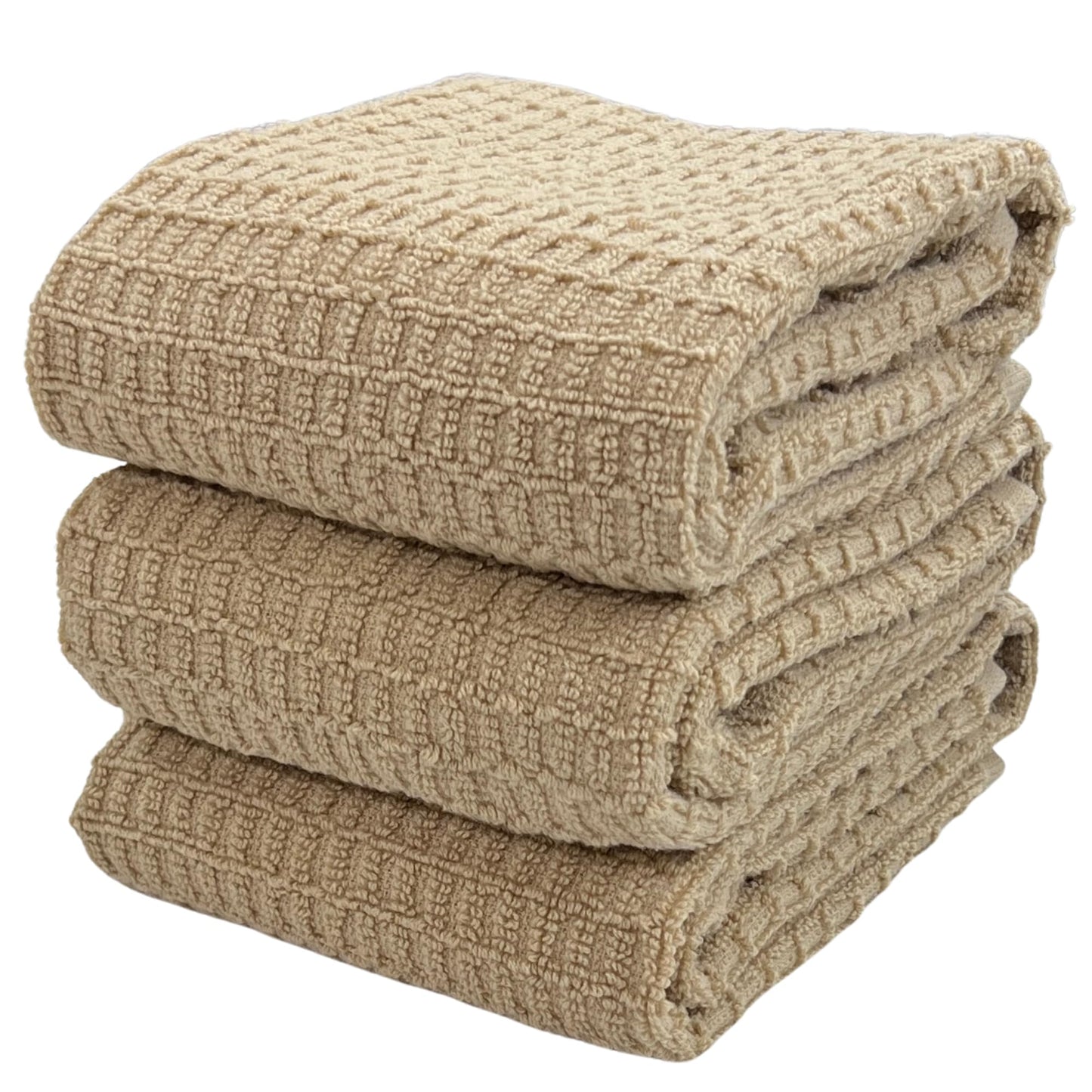 Serafina Home Tan Beige Kitchen Dish Hand Towels 100% Cotton Waffle Cloth Soft Cleaning Drying Absorbent Terry Box Loop: Set of 3 Multipurpose for Everyday Use Oversized 16" x 28"
