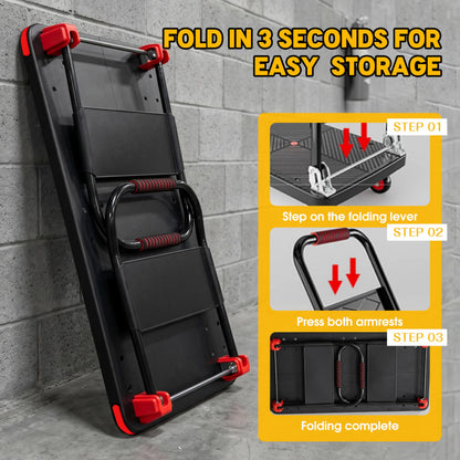 Platform Trucks Flatbed Cart Heavy Duty with 2 Handrails & 6 Rubber Wheels, Flat Dolly 2000lbs Capacity with Bungee Cord, 49.2"x27.56" Folding Hand Cart for Moving Furniture/Office/Warehouse/Garage