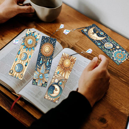 Focart 4 Pack Diamond Painting Bookmark Kits of Sun and Moon, Special Shaped Diamond Art Bookmarks with Pendant, DIY Handmade Crafts Home Office Supplies Reading Bookmark for Book Lovers