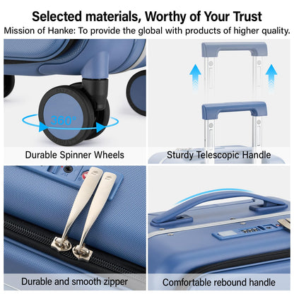 Hanke 24 Inch Checked Luggage with Cup Holder and USB Ports,Top Opening Hard Shell Suitcase with Wheels,Aluminum Frame Trunk Luggage with Foldable Dividers & TSA Lock for Travel, Interstellar Blue