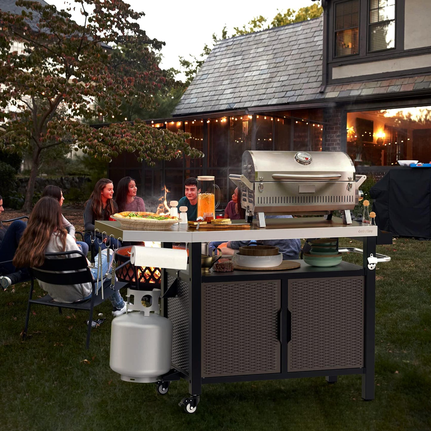 onlyfire 53-Inch Rolling Kitchen Island Cart with XL Stainless Steel Top & Rattan Texture Cabinet, Heavy-Duty Outdoor Dining Cart with Side Shelf, Propane Tank Holder, Spice Rack, Wheels for Patio