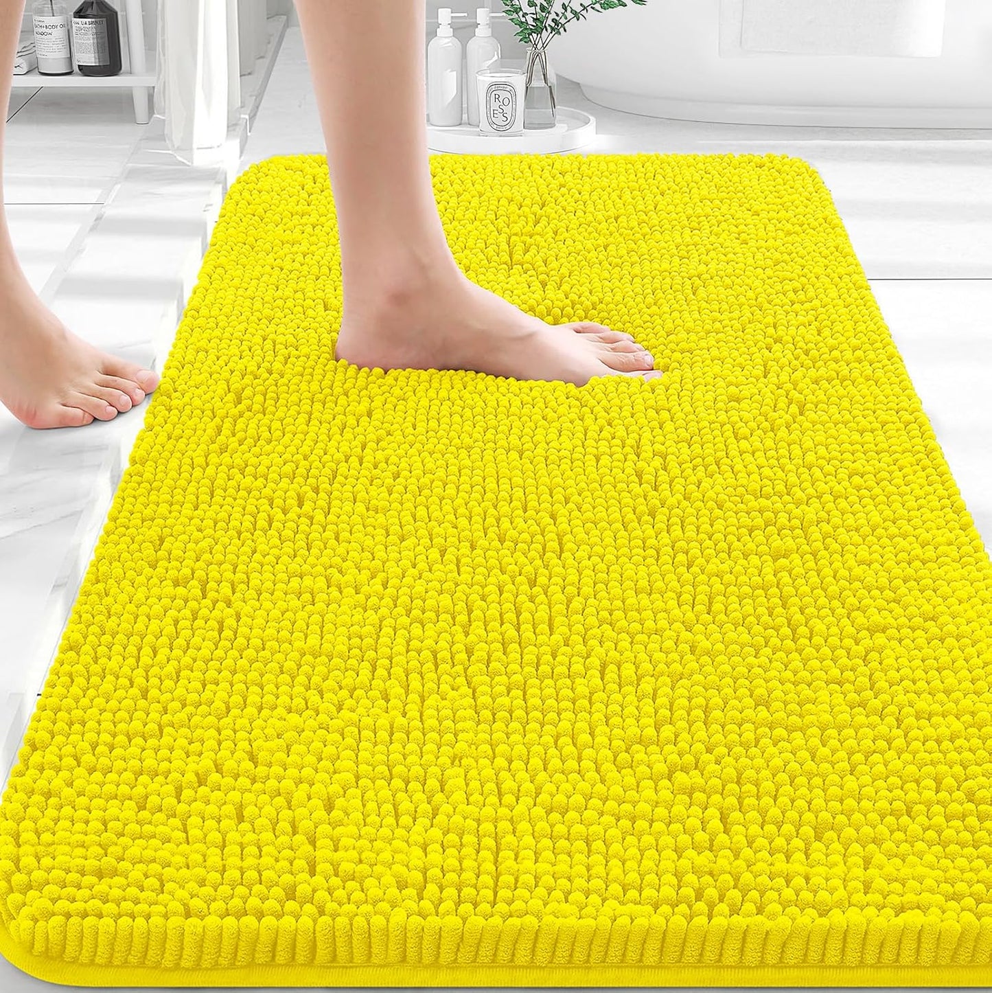 OLANLY Chenille Bath Rugs - Extra Soft & Absorbent | Quick Dry, Machine Washable, 30x20, Lemon Yellow