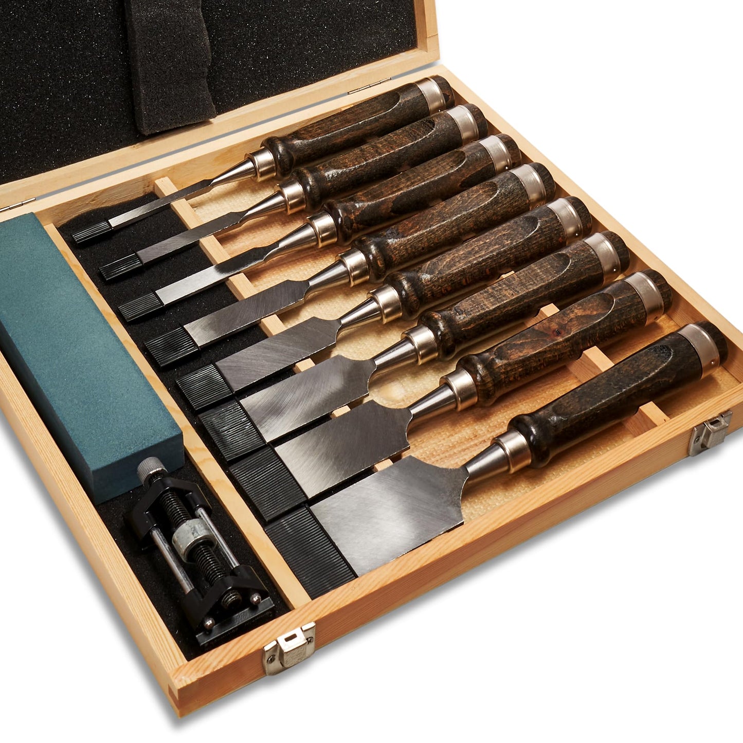 SELFIE CAT 8 Piece Wood Chisel Set for Woodworking Tools Wood Carving Tools with Wooden Case and Sharpening Stones Wood Carving Kit for Beginners and Professionals Black Walnut