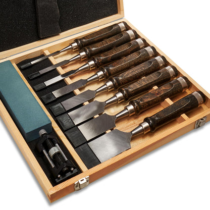SELFIE CAT 8 Piece Wood Chisel Set for Woodworking Tools Wood Carving Tools with Wooden Case and Sharpening Stones Wood Carving Kit for Beginners and Professionals Black Walnut