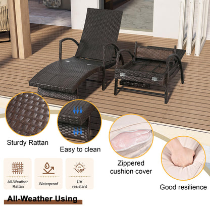 Chaise Lounge Chairs Set of 2, 6-Position Adjustable Outdoor Recliner with Side Table & Wheel,All-Weather PE Rattan Wicker Patio Lounge Chair With Removable Cushion for Poolside Backyard Beach (Beige)