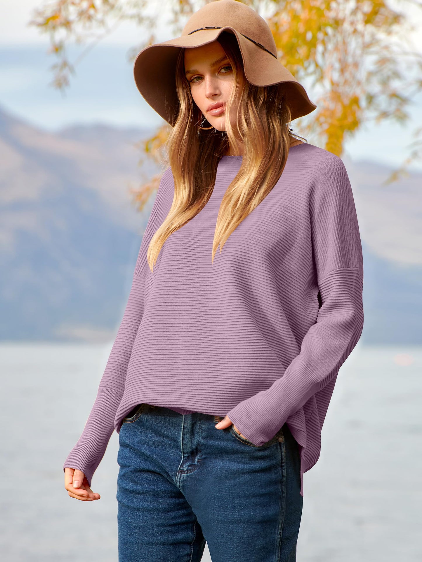 ANRABESS Womens Oversized Batwing Long Sleeve Ribbed Knit Sweaters 2025 Fall Outfits