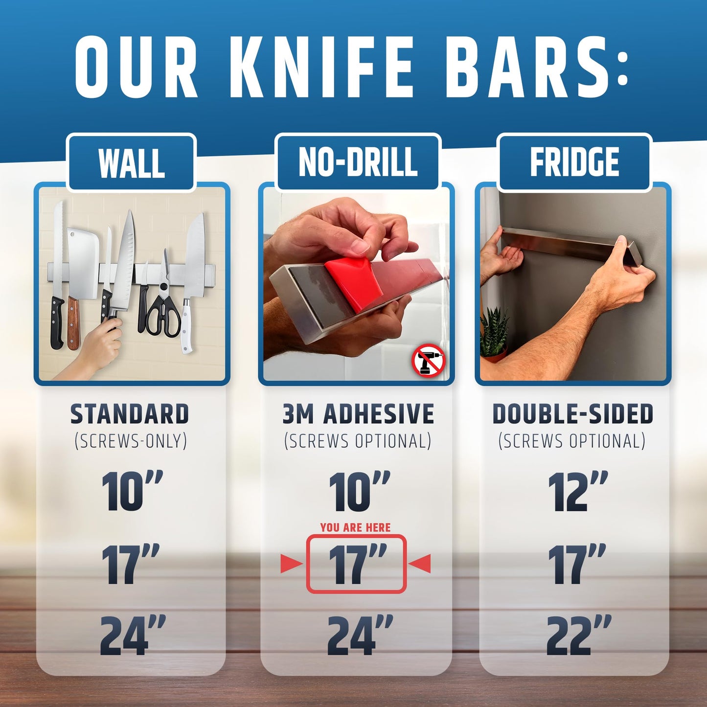 17" Strong Adhesive (No Drill) Magnetic Knife Holder for Wall - Professional Knife Strip - No Screws Needed - Adhesive Backing - Stainless Steel Knife Bar (Upgraded Version – Will Not Fall)