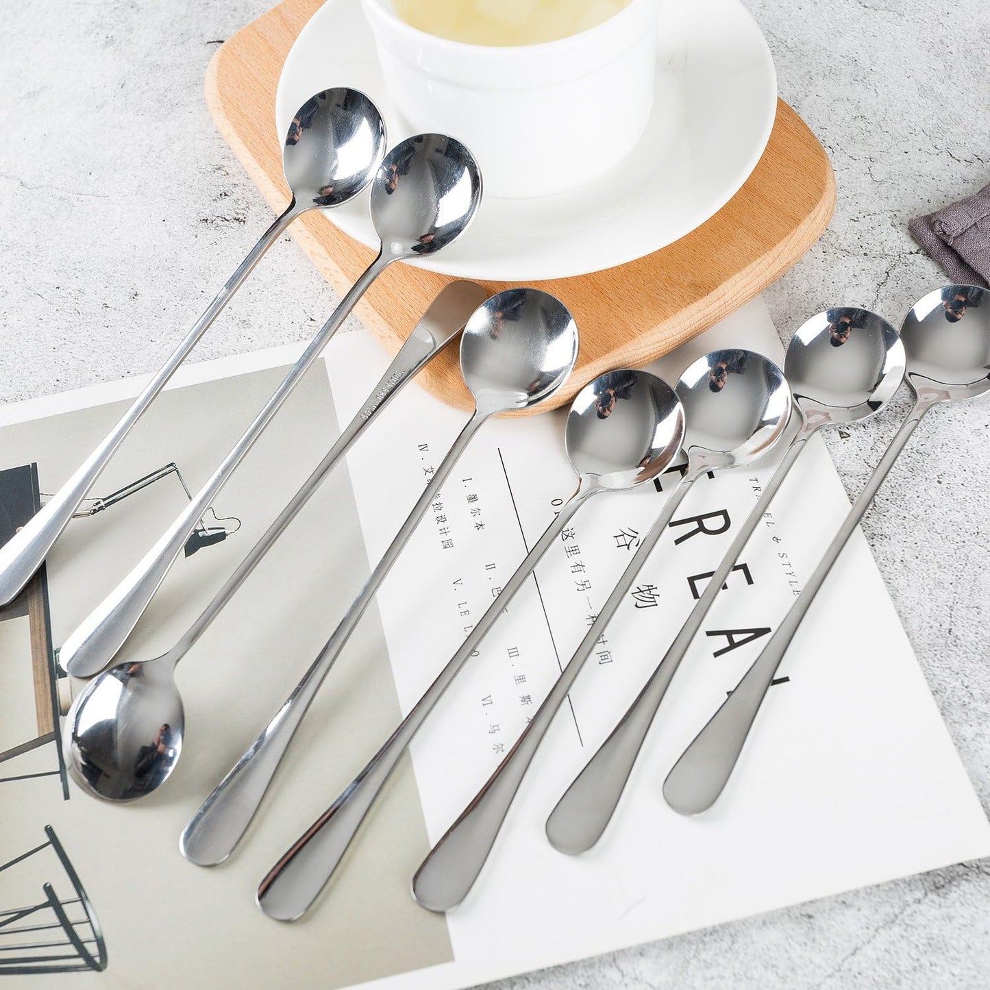Long-handled Ice Tea Spoon, Cocktail Stir Spoons, Stainless Steel Coffee Spoons, Ice Cream Scoop Set of 8 (Silver)