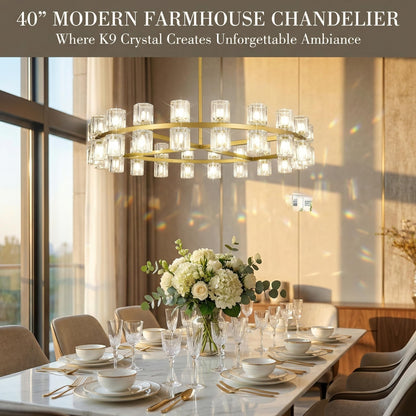 Leadtek 40 Inch Modern Farmhouse Chandelier with K9 Crystal Chandelier Shade, Gold Wagon Wheel Chandelier, for Dining Room Light Fixture, Kitchen Island, Entryway, Foyer, Bedroom Lighting