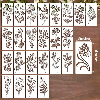 25Pcs Wildflower Stencils Flower Leaf Painting Stencils Botanical Flower Stencils Tiny Vine Leaf Plastic Art Drawing Templates DIY Crafts Plant Stencil for Painting on Wood Wall Door Canvas 3x6inch