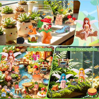 QAUYETM 40Pcs Fairy Garden Accessories Miniature Garden Ornaments Kit with Mini Animal Plant Fairies Furniture House Figures Bulk for Micro Landscape DIY Terrarium Potted Plants Dollhouse Decor